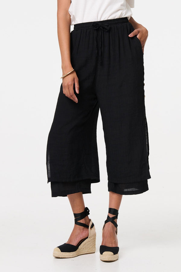 Black | High Waist Layered Hem Cropped Trousers
