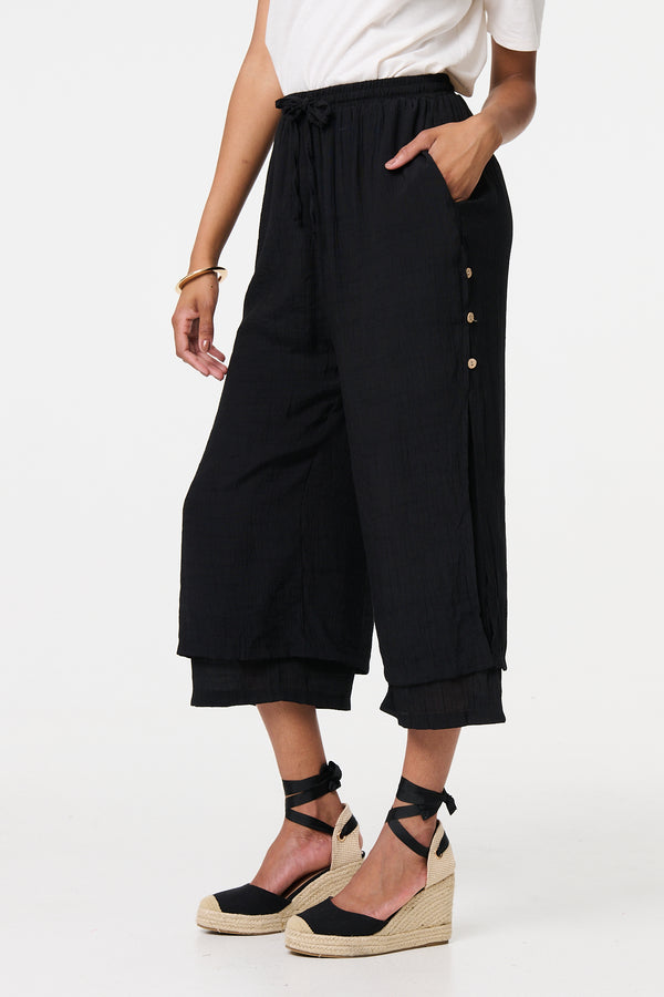 Black | High Waist Layered Hem Cropped Trousers