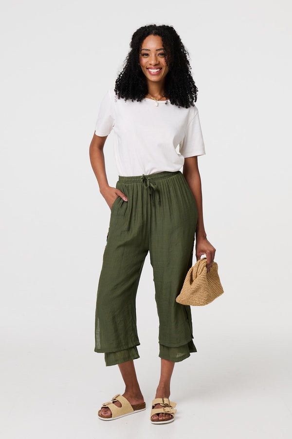Khaki | High Waist Layered Hem Cropped Trousers : Model is 5'8"/172 cm and wears UK8/EU36/US4/AUS8