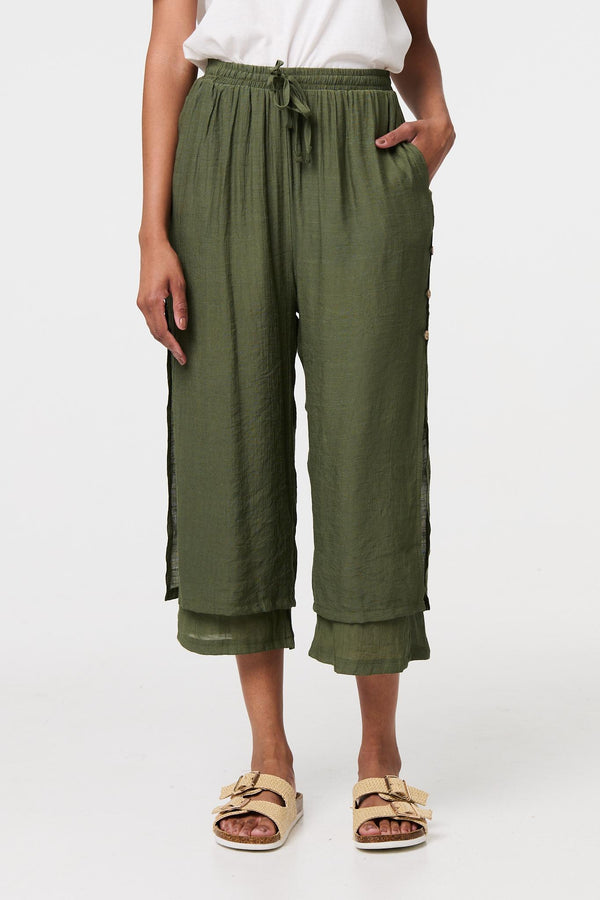 Khaki | High Waist Layered Hem Cropped Trousers