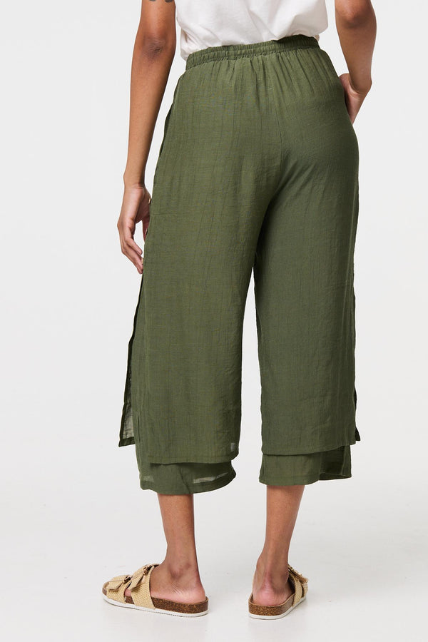 Khaki | High Waist Layered Hem Cropped Trousers