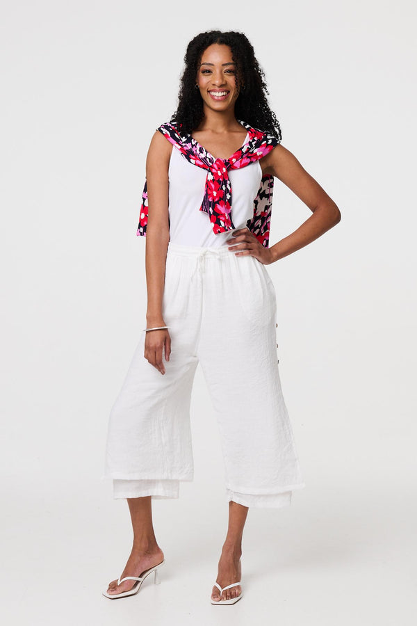 White | High Waist Layered Hem Cropped Trousers