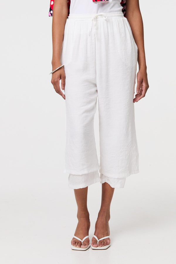 White | High Waist Layered Hem Cropped Trousers