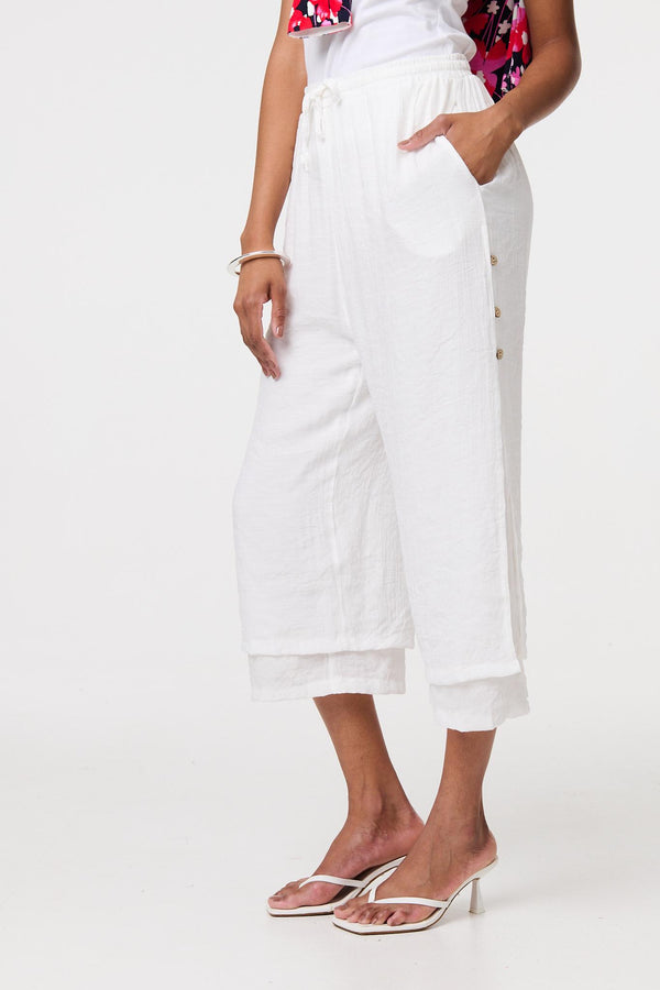 White | High Waist Layered Hem Cropped Trousers