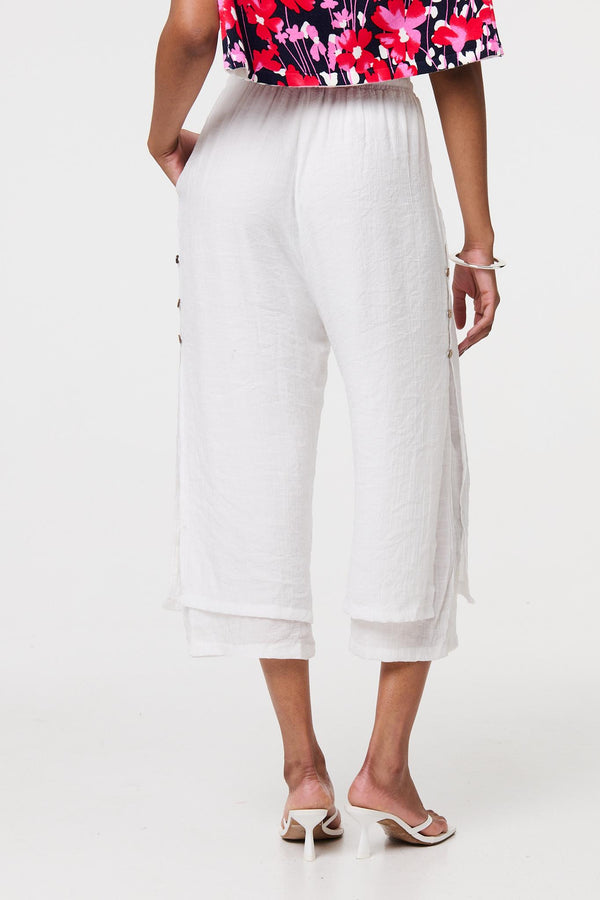 White | High Waist Layered Hem Cropped Trousers