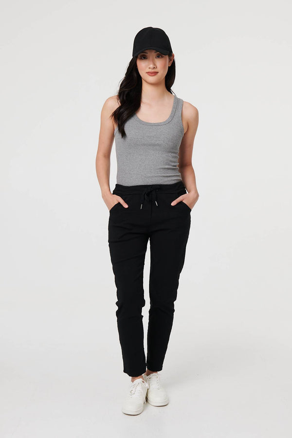 Black | Drawstring Tie Waist Tapered Trousers