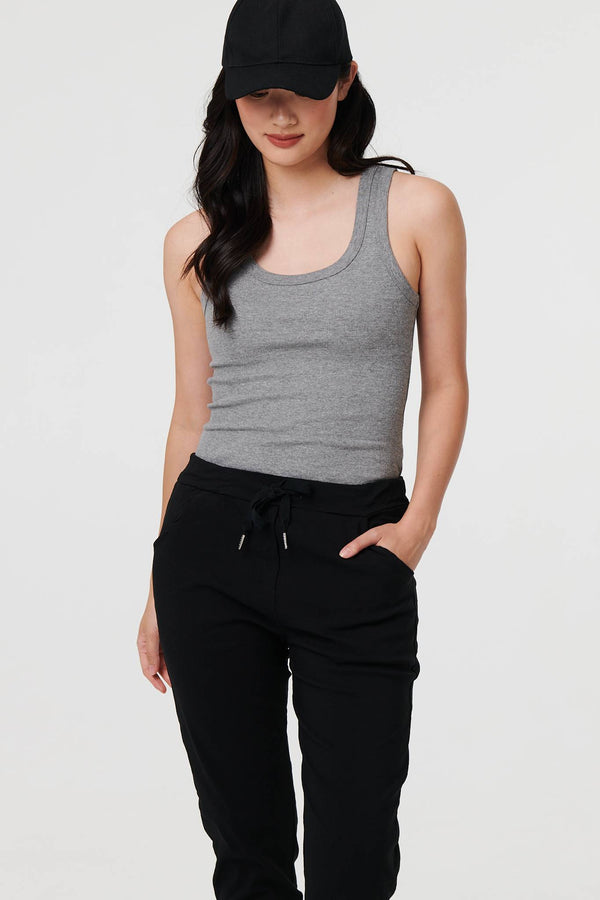 Black | Drawstring Tie Waist Tapered Trousers