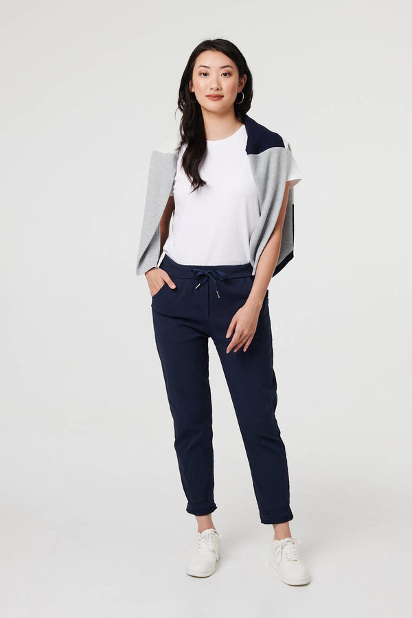 Navy | Drawstring Tie Waist Tapered Trousers