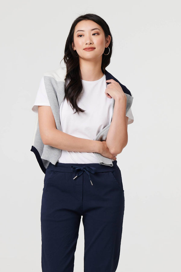 Navy | Drawstring Tie Waist Tapered Trousers