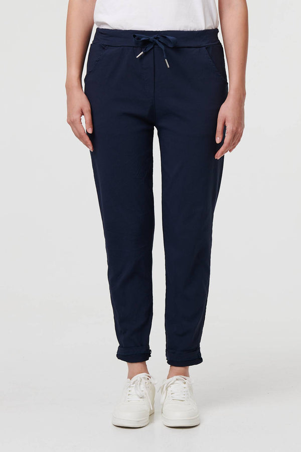 Navy | Drawstring Tie Waist Tapered Trousers