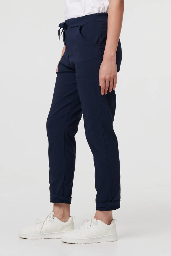 Navy | Drawstring Tie Waist Tapered Trousers