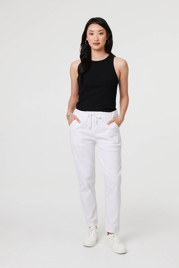 White | Drawstring Tie Waist Tapered Trousers