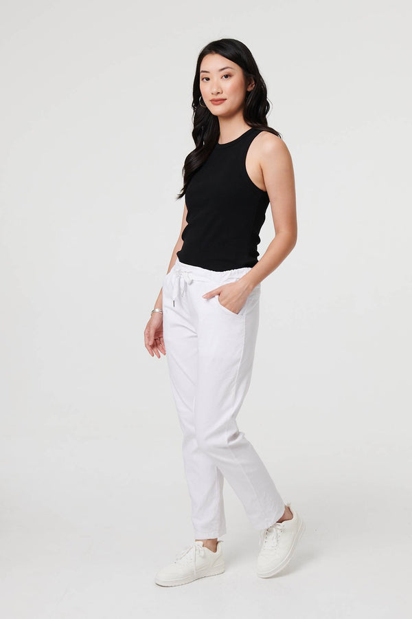 White | Drawstring Tie Waist Tapered Trousers