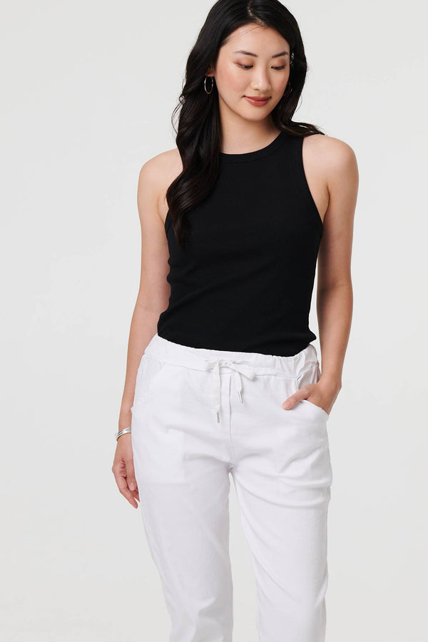 White | Drawstring Tie Waist Tapered Trousers
