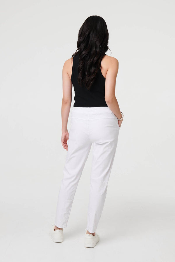 White | Drawstring Tie Waist Tapered Trousers