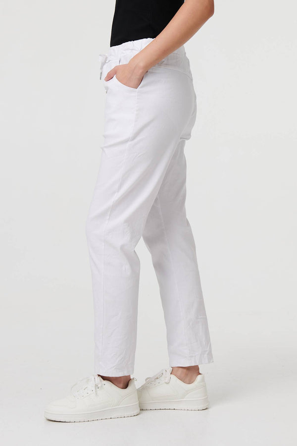 White | Drawstring Tie Waist Tapered Trousers