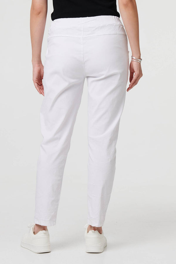 White | Drawstring Tie Waist Tapered Trousers
