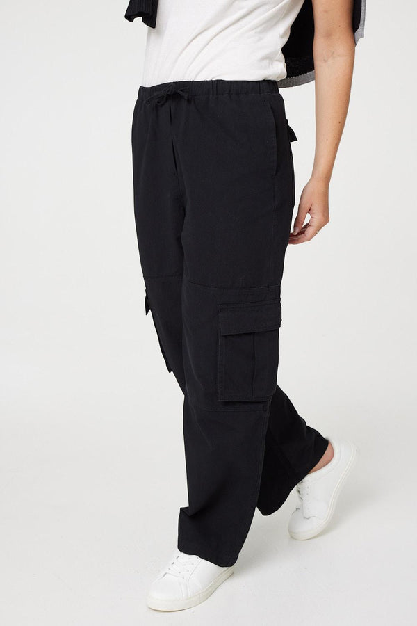 Black | Wide Leg Tie Waist Cargo Trousers