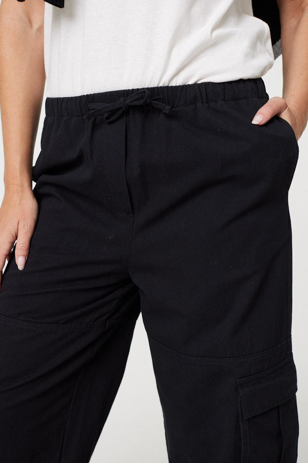 Black | Wide Leg Tie Waist Cargo Trousers