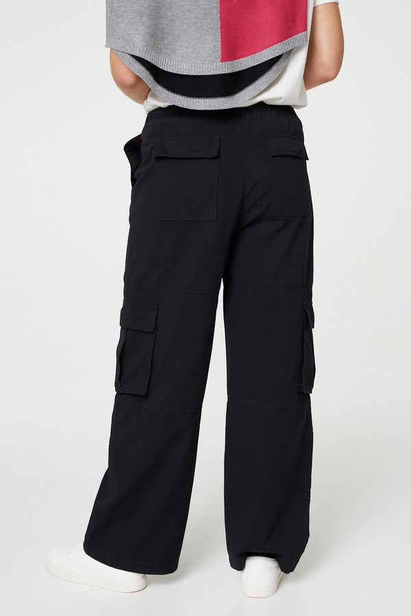 Black | Wide Leg Tie Waist Cargo Trousers