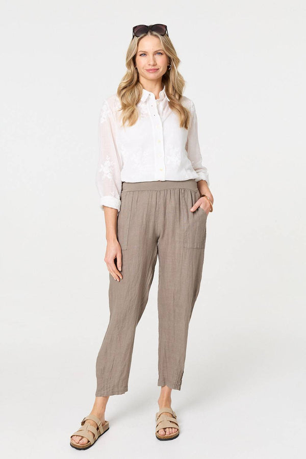Brown | Relaxed Linen Blend Tapered Trousers