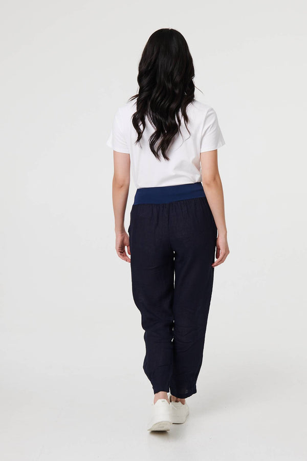 Navy | Relaxed Linen Blend Tapered Trousers