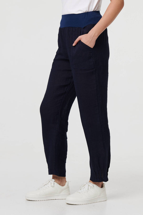 Navy | Relaxed Linen Blend Tapered Trousers