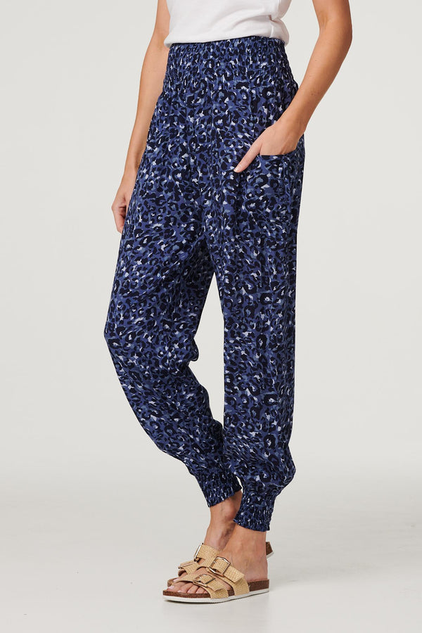 Navy | Animal Print Pocket Detail Pants