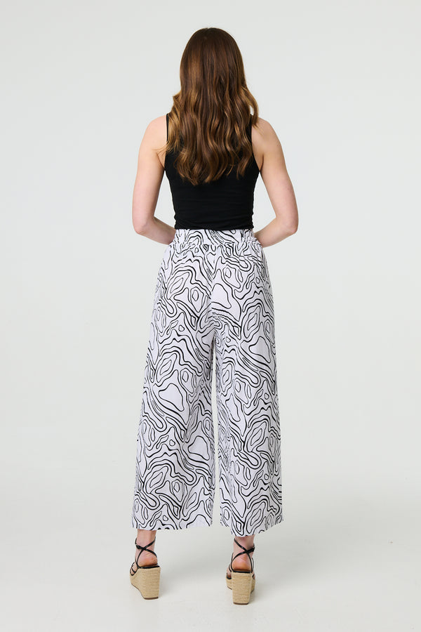 White | Abstract Print High Waist Wide Leg Trousers