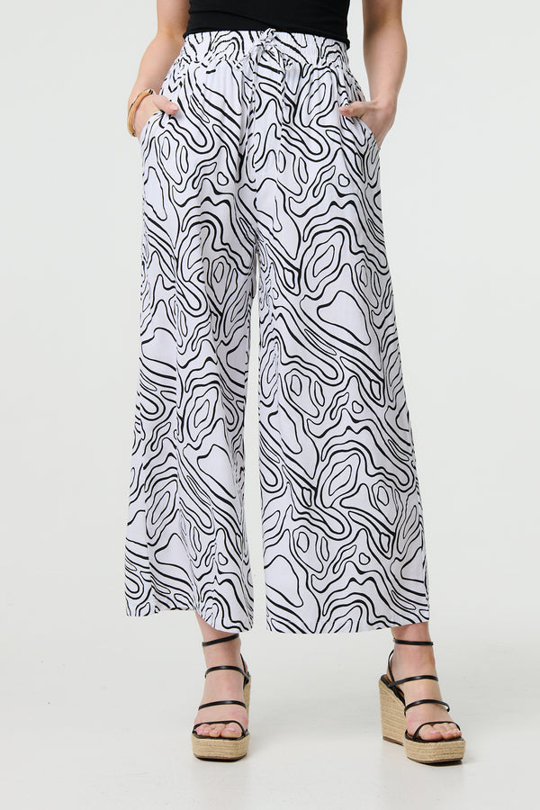 White | Abstract Print High Waist Wide Leg Trousers