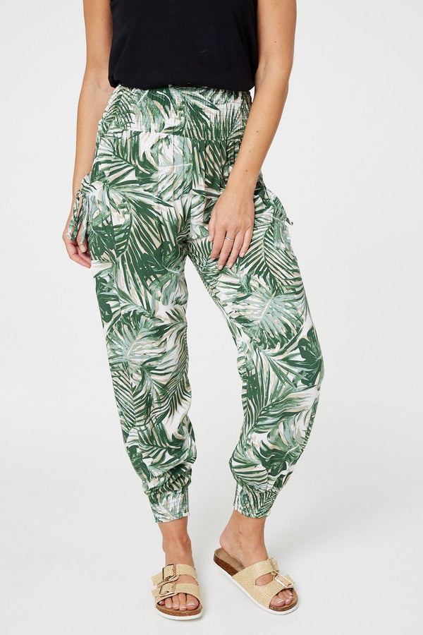 Green | Leaf Print High Waist Harem Pants