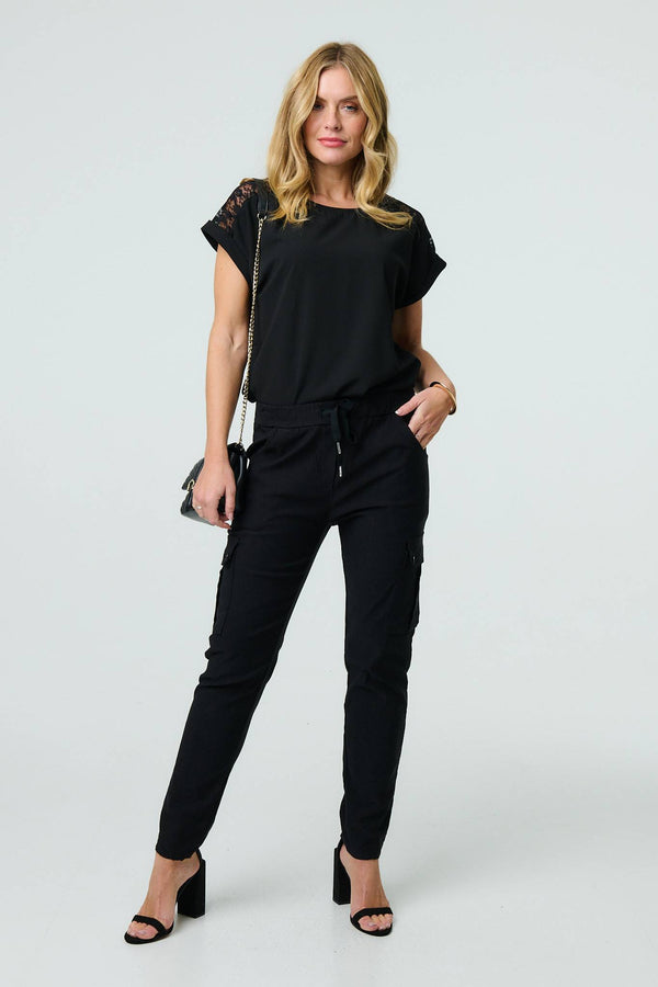 Black | Drawstring Waist Slim Cargo Trousers