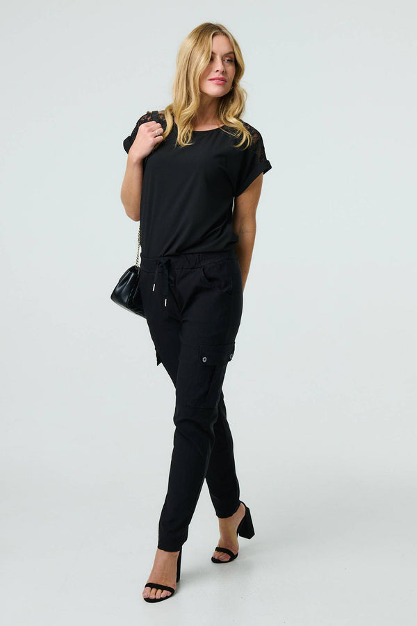 Black | Drawstring Waist Slim Cargo Trousers