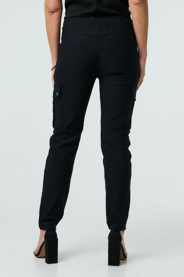 Black | Drawstring Waist Slim Cargo Trousers