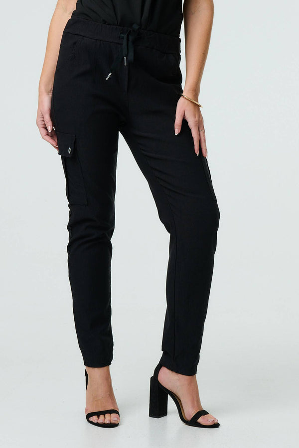 Black | Drawstring Waist Slim Cargo Trousers