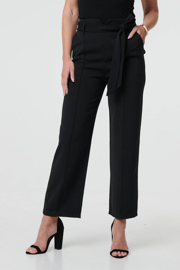 Black | Tie Front High Waist Straight Trousers