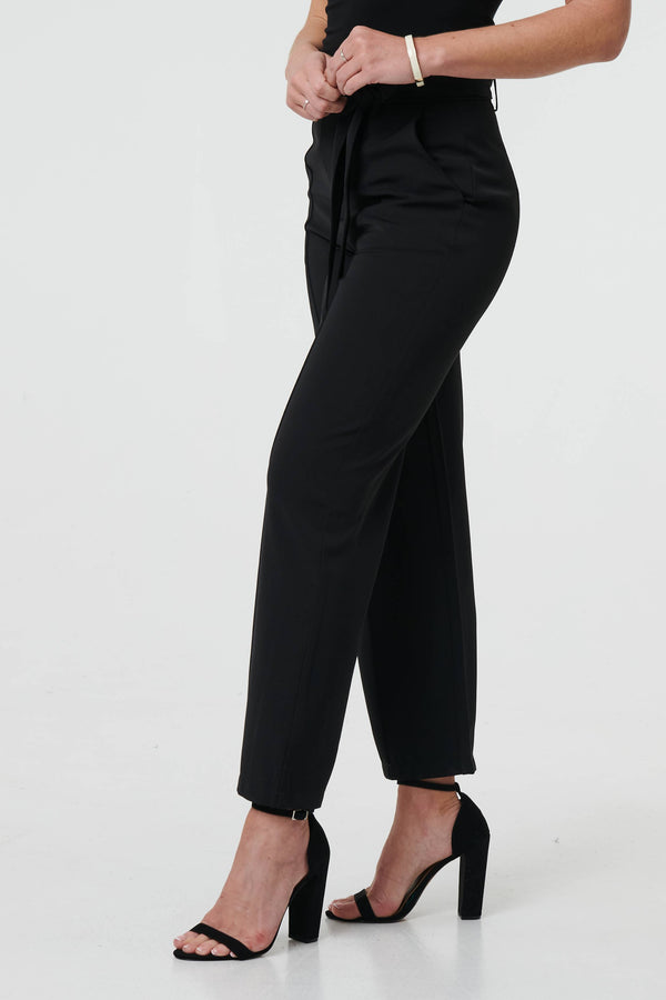 Black | Tie Front High Waist Straight Trousers