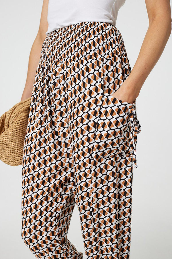 Beige | Geo Print High Waist Tassel Harem Pants
