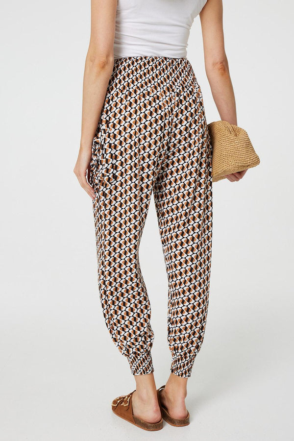 Beige | Geo Print High Waist Tassel Harem Pants