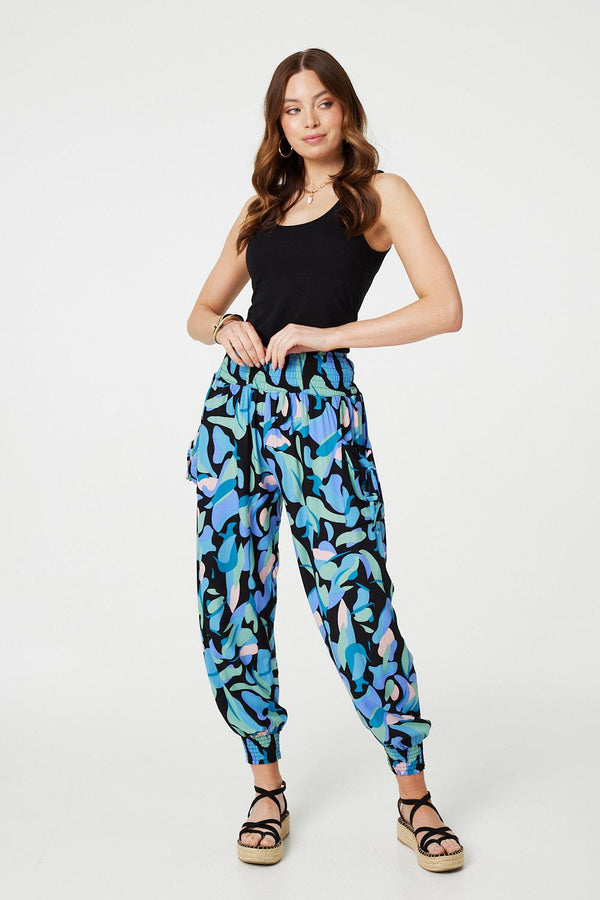 Blue | Abstract Print High Waist Harem Pants