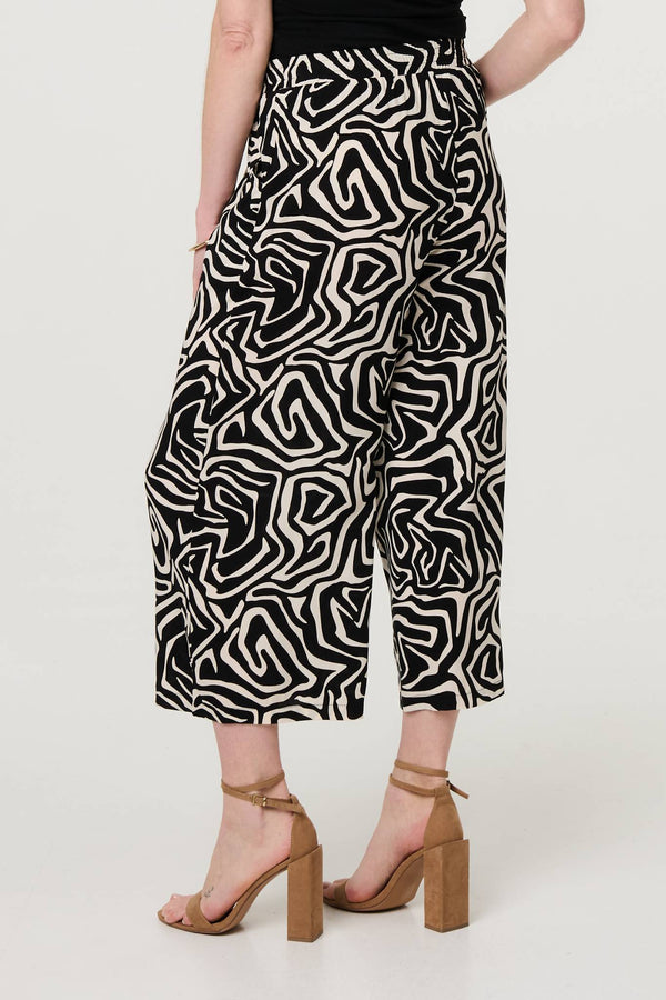 Black | Geo Print Tie Waist Wide Leg Cropped Trousers