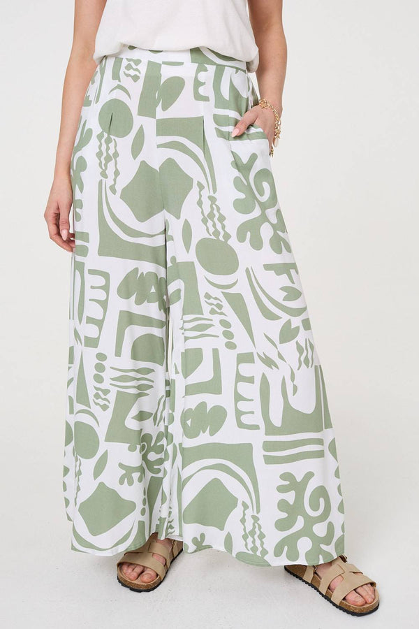 Sage | Abstract Wide Leg High Waist Trousers