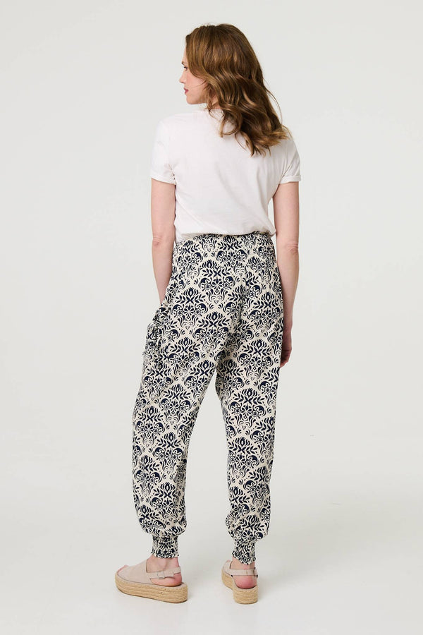 Navy | Ikat Print High Waist Tapered Harem Pants