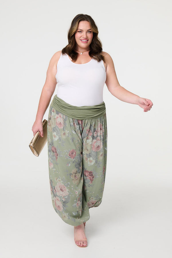 Khaki| Floral Ruched Waist Harem Trousers