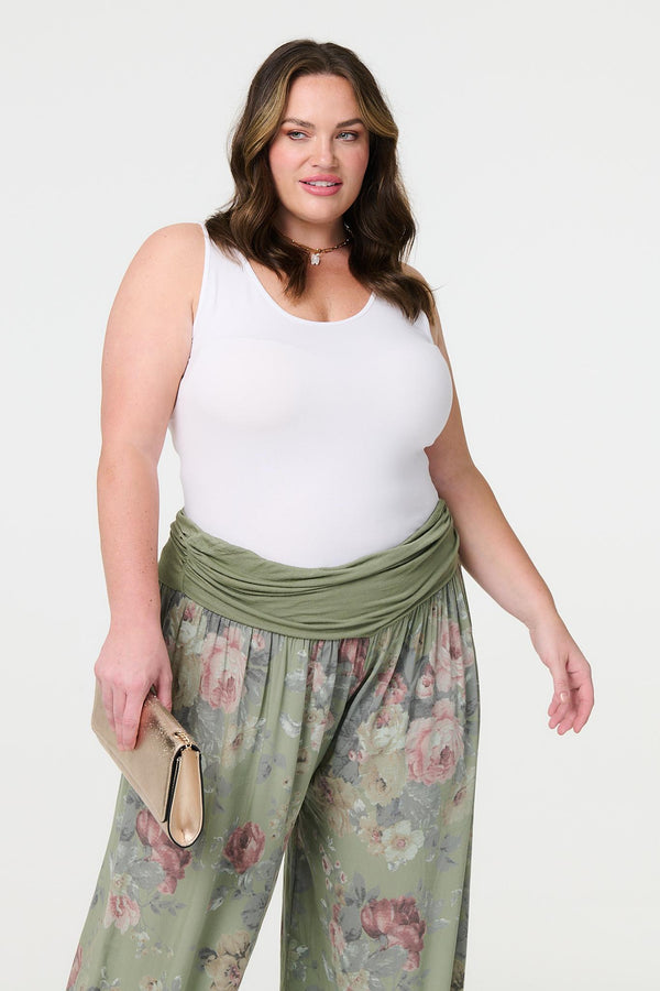 Khaki| Floral Ruched Waist Harem Trousers