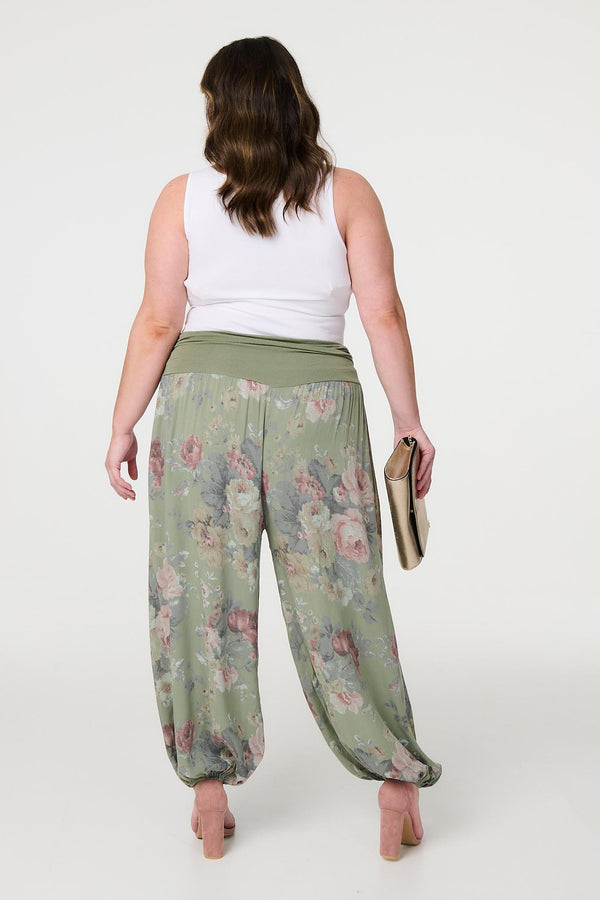 Khaki| Floral Ruched Waist Harem Trousers