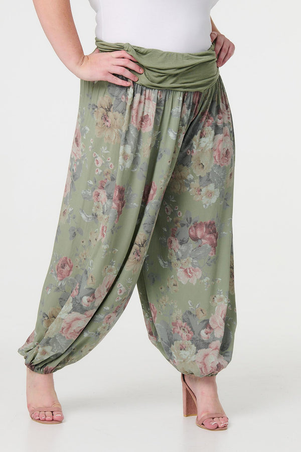 Khaki| Floral Ruched Waist Harem Trousers