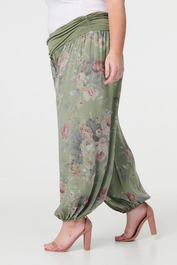 Khaki| Floral Ruched Waist Harem Trousers