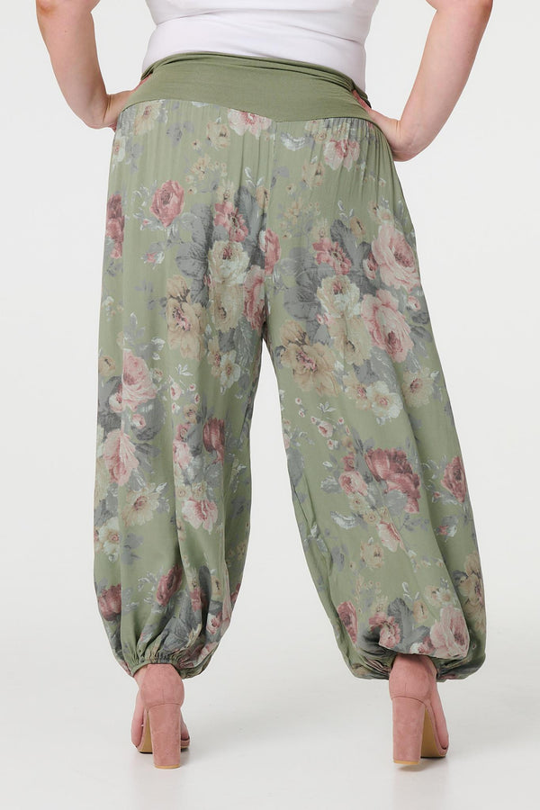 Khaki| Floral Ruched Waist Harem Trousers