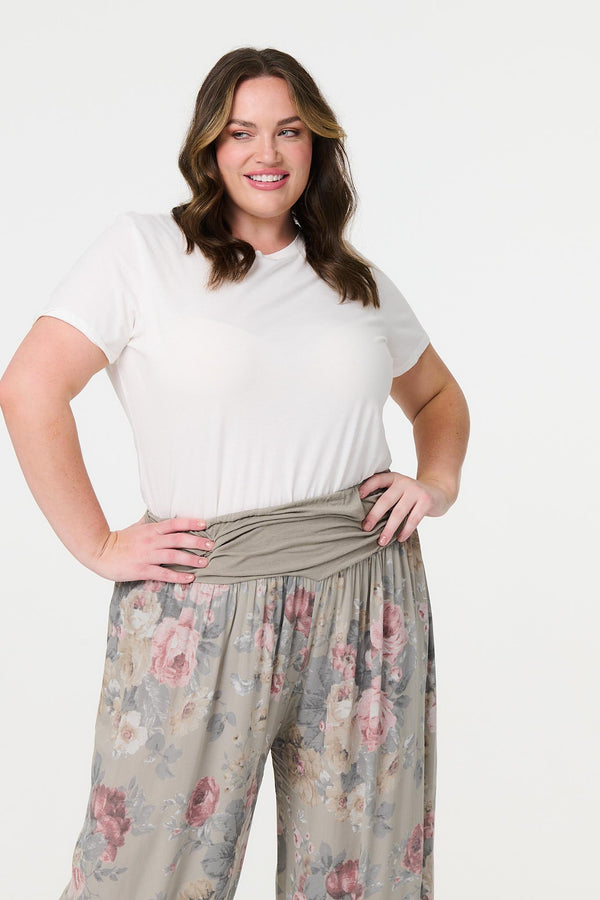 Brown | Floral Ruched Waist Harem Trousers